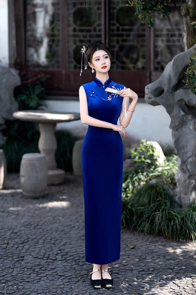Plus size Qipao, velvet Cheongsam, sleeveless Qipao, long Cheongsam Blue / 3XL Plus size Qipao, velvet Cheongsam, sleeveless Qipao, long Cheongsam Blue / 3XL