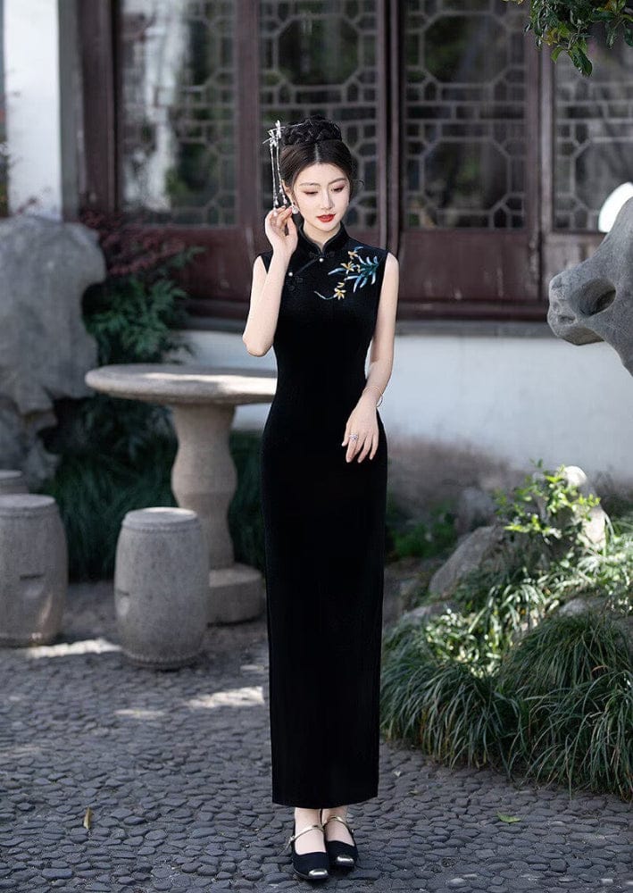 Beth and Brian Qipao-FS Old Shanghai style, sleeveless velvet long Cheongsam
