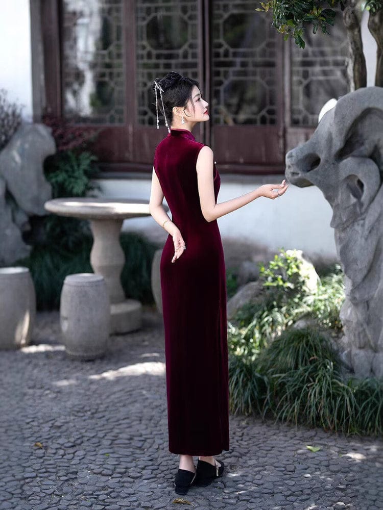 Beth and Brian Qipao-FS Old Shanghai style, sleeveless velvet long Cheongsam