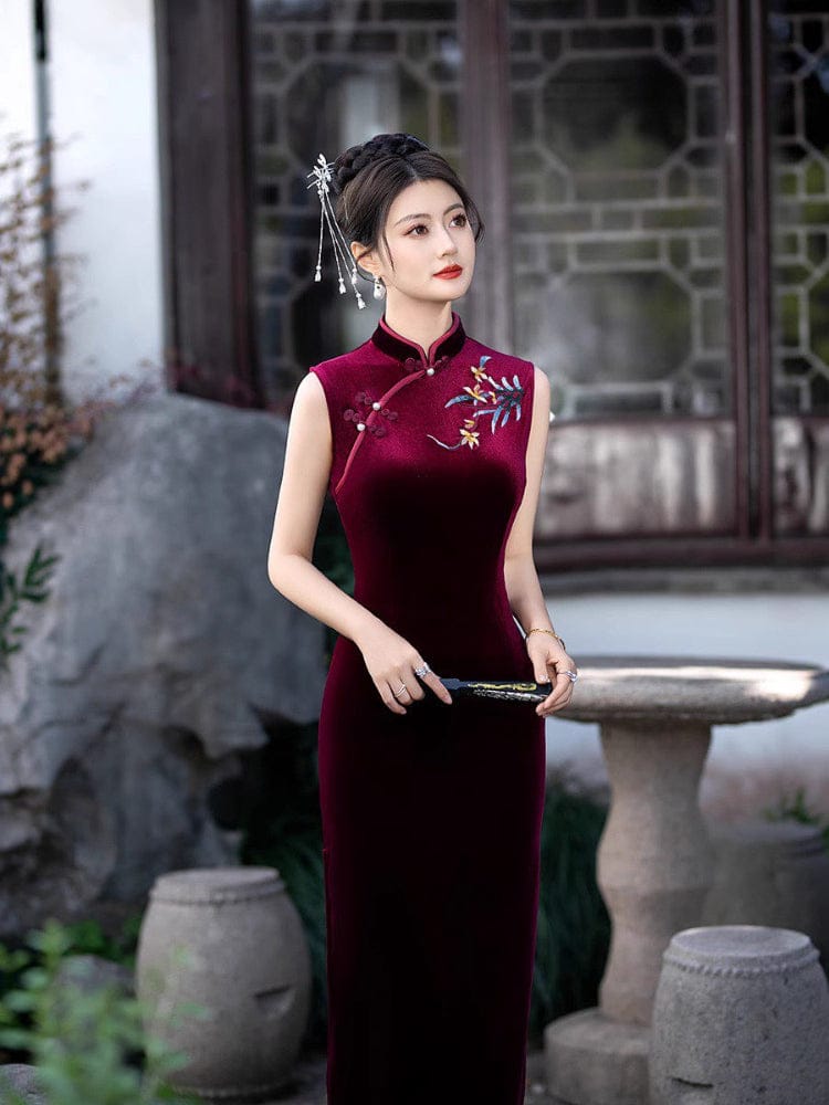Beth and Brian Qipao-FS Old Shanghai style, sleeveless velvet long Cheongsam
