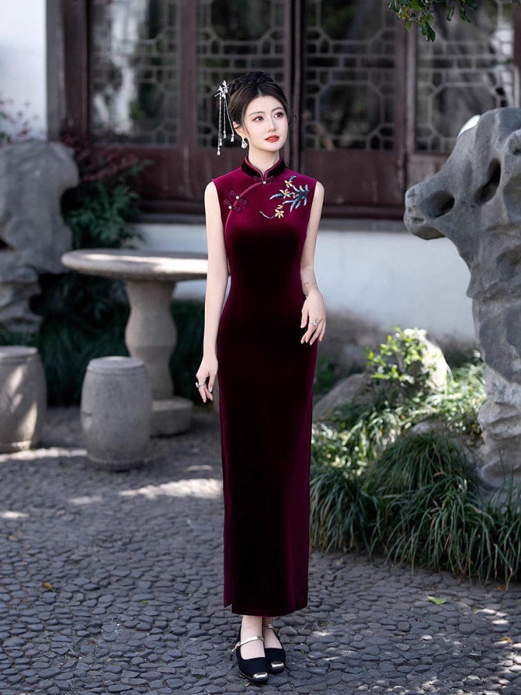 Beth and Brian Qipao-FS Old Shanghai style, sleeveless velvet long Cheongsam