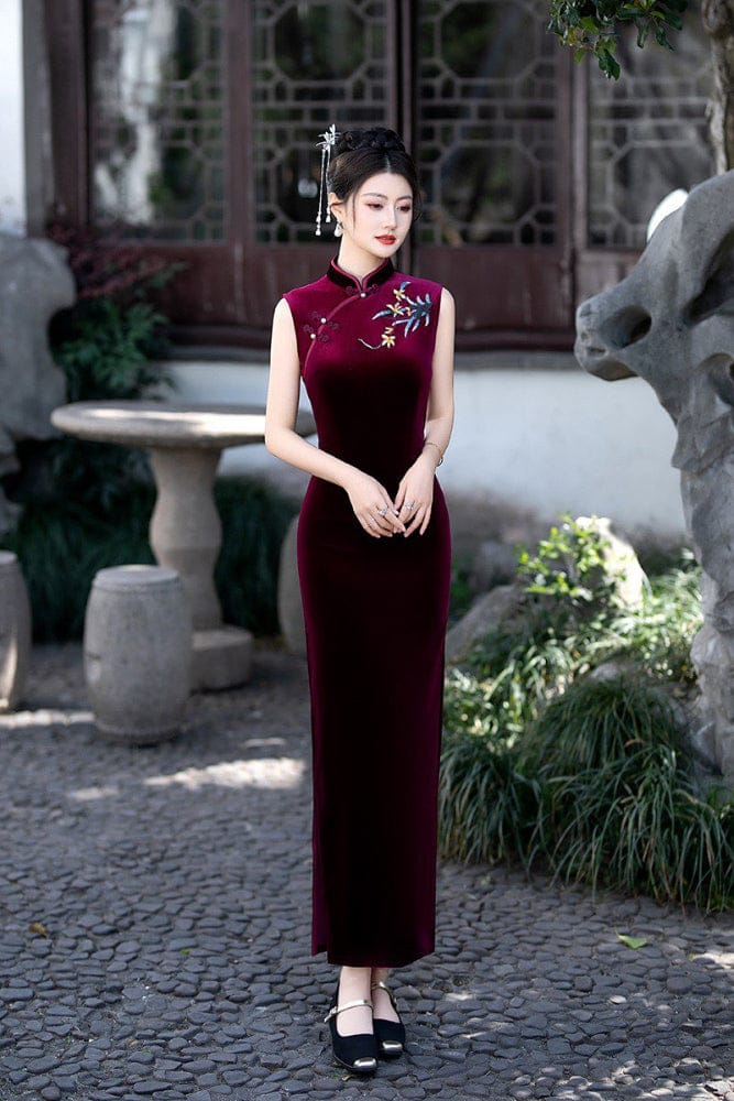 Beth and Brian Qipao-FS Old Shanghai style, sleeveless velvet long Cheongsam