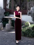 Beth and Brian Qipao-FS Old Shanghai style, sleeveless velvet long Cheongsam