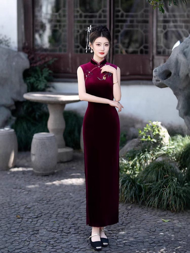Beth and Brian Qipao-FS Old Shanghai style, sleeveless velvet long Cheongsam