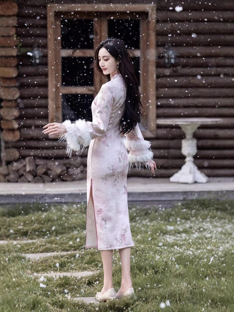 Beth and Brian Qipao-TQX Winter collection, purple long Qipao with Fur-Trimmed Sleeves