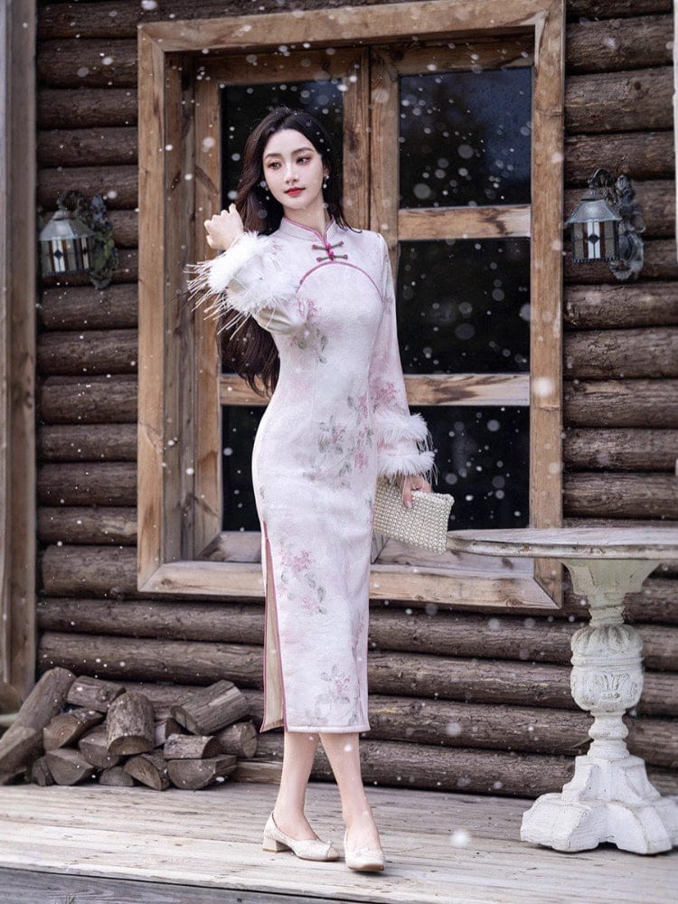 Beth and Brian Qipao-TQX Winter collection, purple long Qipao with Fur-Trimmed Sleeves