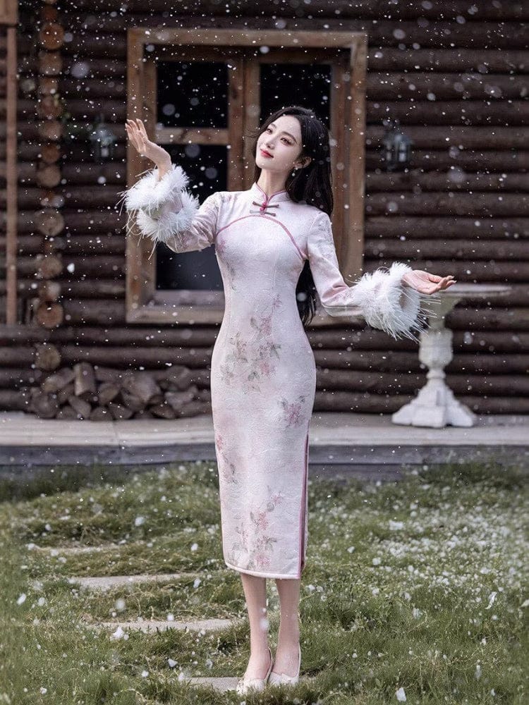 Beth and Brian Qipao-TQX Winter collection, purple long Qipao with Fur-Trimmed Sleeves