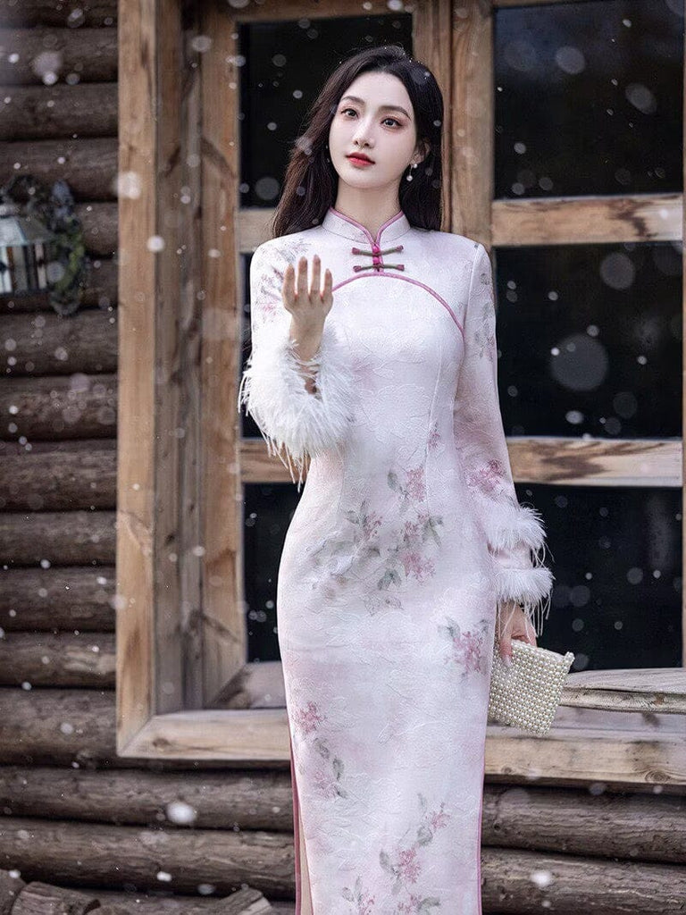 Beth and Brian Qipao-TQX Winter collection, purple long Qipao with Fur-Trimmed Sleeves