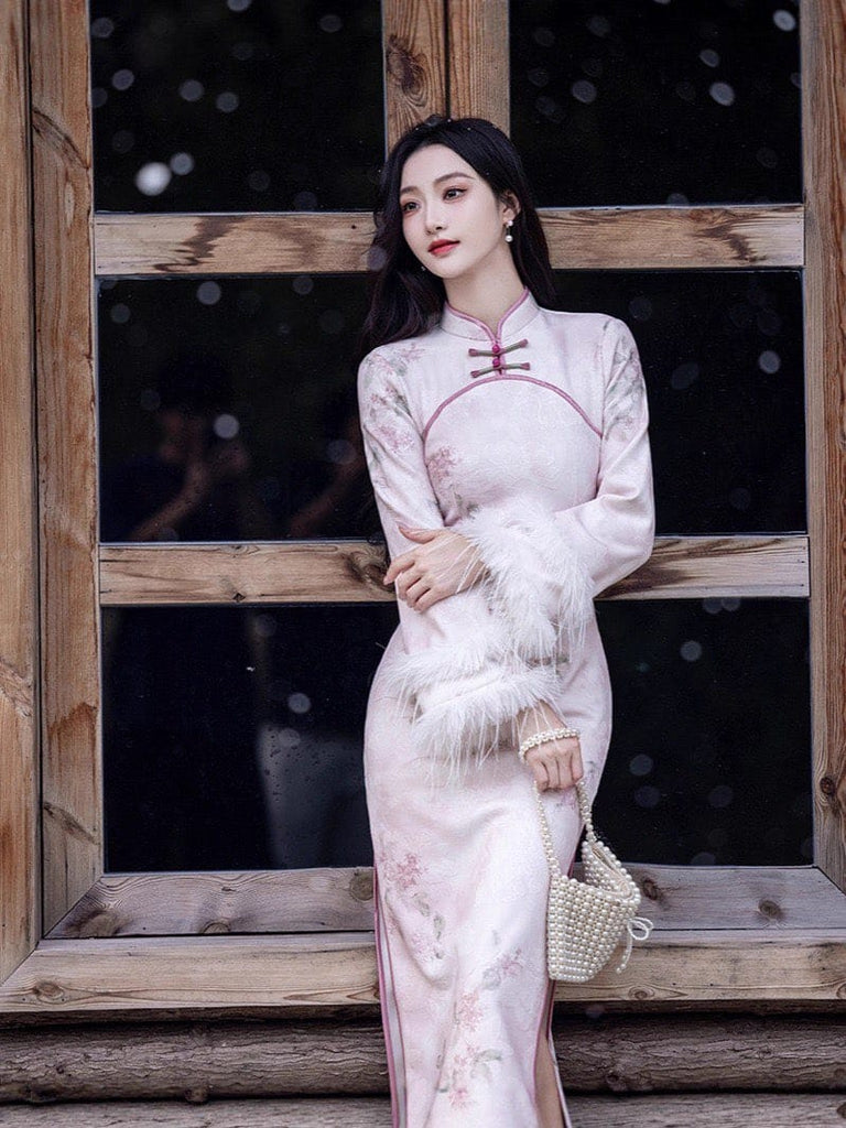 Beth and Brian Qipao-TQX Winter collection, purple long Qipao with Fur-Trimmed Sleeves