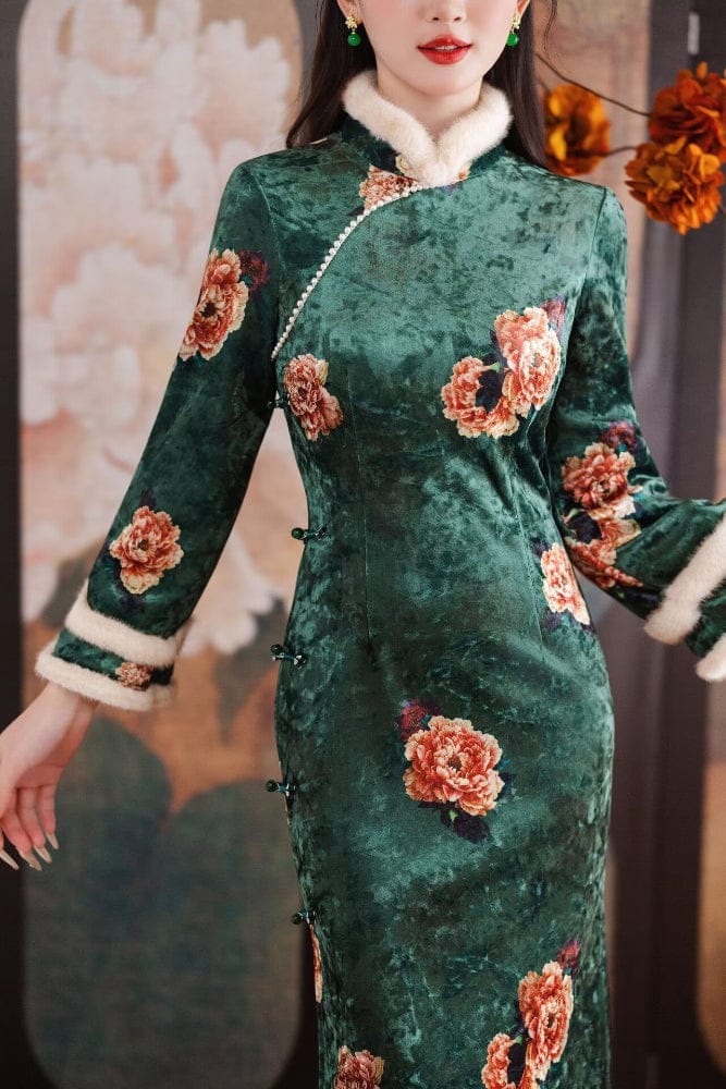 Beth and Brian Qipao-HYY Winter collection, green midi Qipao with Fur-Trimmed Sleeve