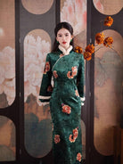 Beth and Brian Qipao-HYY Winter collection, green midi Qipao with Fur-Trimmed Sleeve