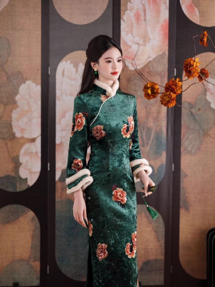Beth and Brian Qipao-HYY Winter collection, green midi Qipao with Fur-Trimmed Sleeve