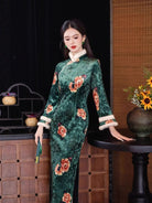 Beth and Brian Qipao-HYY Winter collection, green midi Qipao with Fur-Trimmed Sleeve