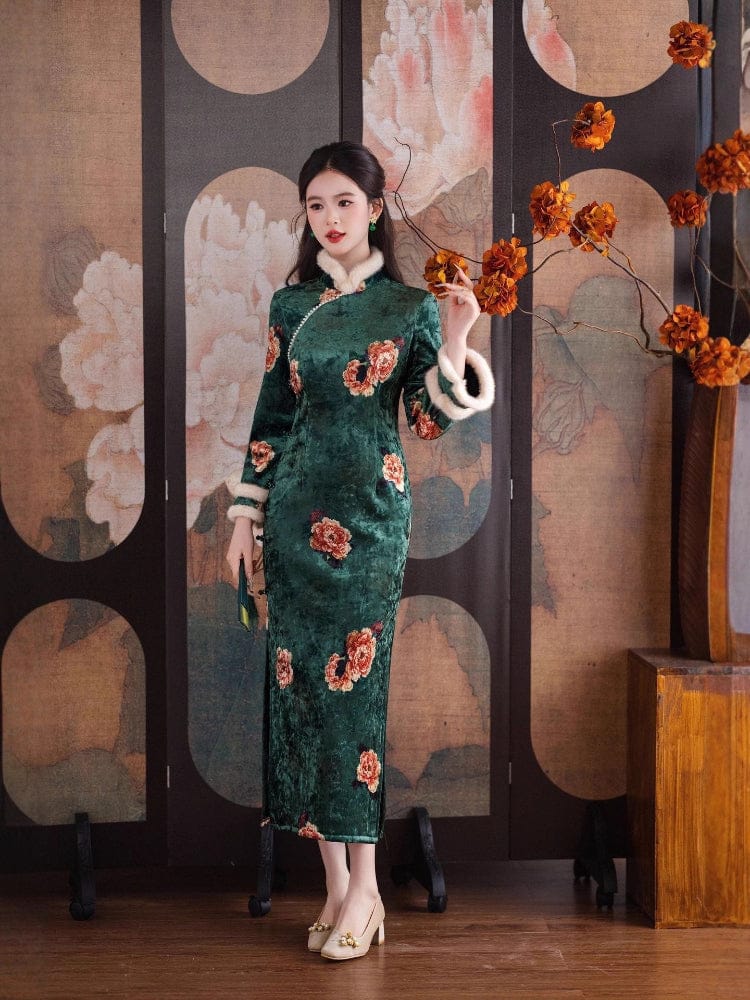 Beth and Brian Qipao-HYY Winter collection, green midi Qipao with Fur-Trimmed Sleeve