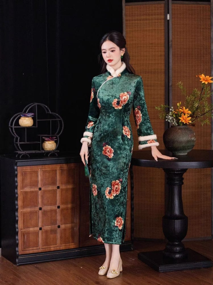 Beth and Brian Qipao-HYY Winter collection, green midi Qipao with Fur-Trimmed Sleeve