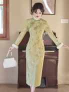 Beth and Brian Qipao-LSB Leaf pattern, jacquard fabric, green midi Cheongsam with Fur-Trimmed Sleeves