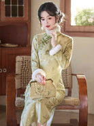 Beth and Brian Qipao-LSB Leaf pattern, jacquard fabric, green midi Cheongsam with Fur-Trimmed Sleeves