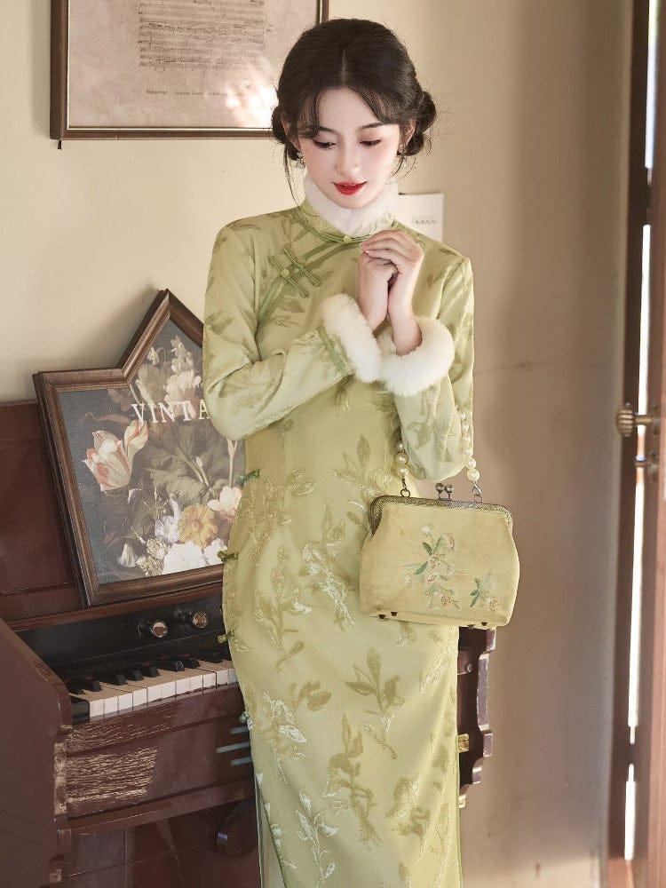 Beth and Brian Qipao-LSB Leaf pattern, jacquard fabric, green midi Cheongsam with Fur-Trimmed Sleeves