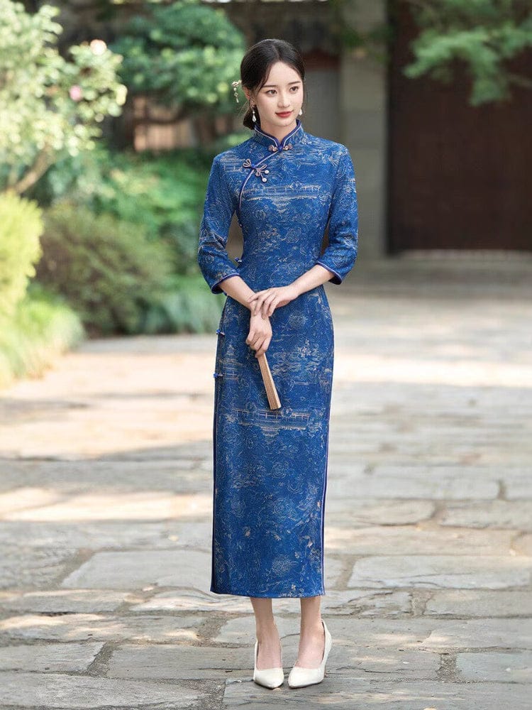 Beth and Brian Qipao-TQX Retro style, knitting and cotton, blue long Cheongsam