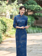 Beth and Brian Qipao-TQX Retro style, knitting and cotton, blue long Cheongsam
