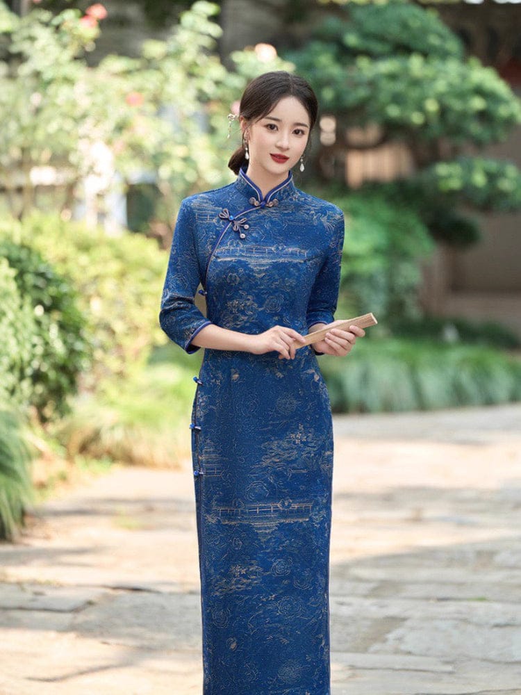 Beth and Brian Qipao-TQX Retro style, knitting and cotton, blue long Cheongsam