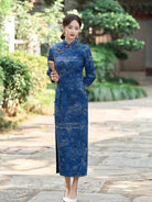 Beth and Brian Qipao-TQX Retro style, knitting and cotton, blue long Cheongsam