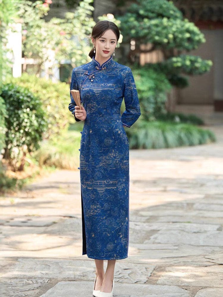 Beth and Brian Qipao-TQX Retro style, knitting and cotton, blue long Cheongsam