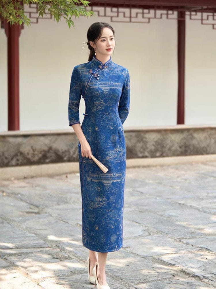 Beth and Brian Qipao-TQX Retro style, knitting and cotton, blue long Cheongsam