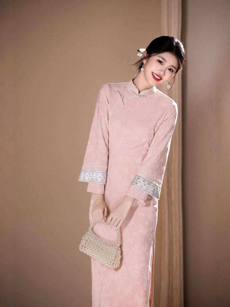 Beth and Brian Qipao-HYY Butterfly pattern, jacquard fabric, pink midi Cheongsam