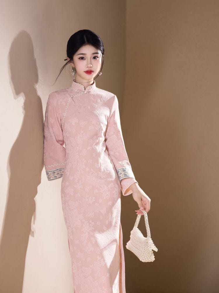 Beth and Brian Qipao-HYY Butterfly pattern, jacquard fabric, pink midi Cheongsam
