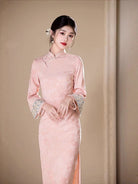 Beth and Brian Qipao-HYY Butterfly pattern, jacquard fabric, pink midi Cheongsam