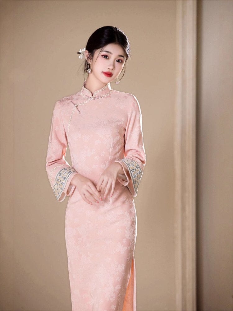Beth and Brian Qipao-HYY Butterfly pattern, jacquard fabric, pink midi Cheongsam