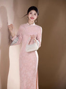 Beth and Brian Qipao-HYY Butterfly pattern, jacquard fabric, pink midi Cheongsam