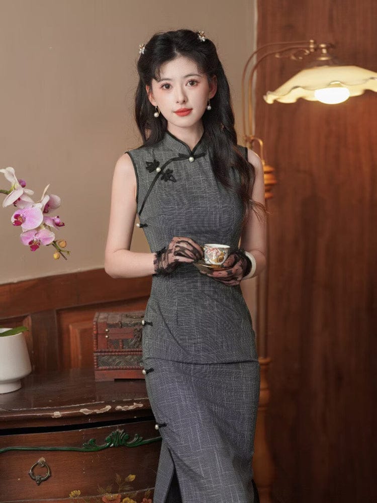 Beth and Brian Qipao-MYJ Old Shanghai style, plaid pattern, dark grey midi Cheongsam