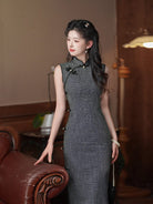Beth and Brian Qipao-MYJ Old Shanghai style, plaid pattern, dark grey midi Cheongsam