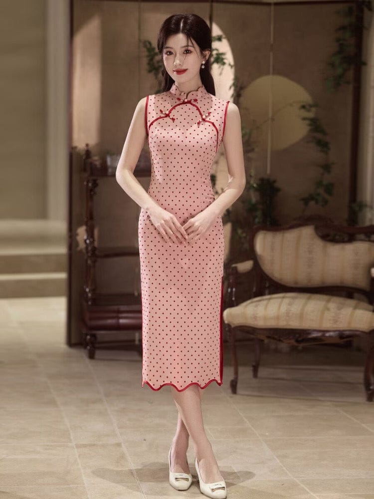 Beth and Brian Qipao-MYJ Polkadot pattern, pink midi Cheongsam