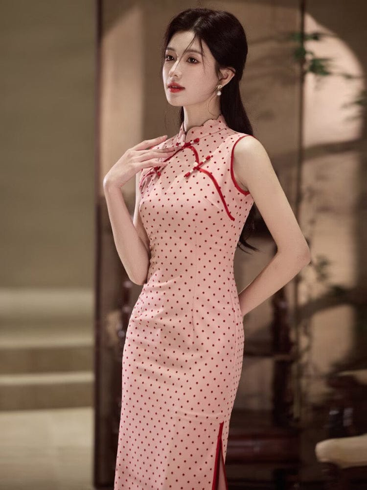 Beth and Brian Qipao-MYJ Polkadot pattern, pink midi Cheongsam