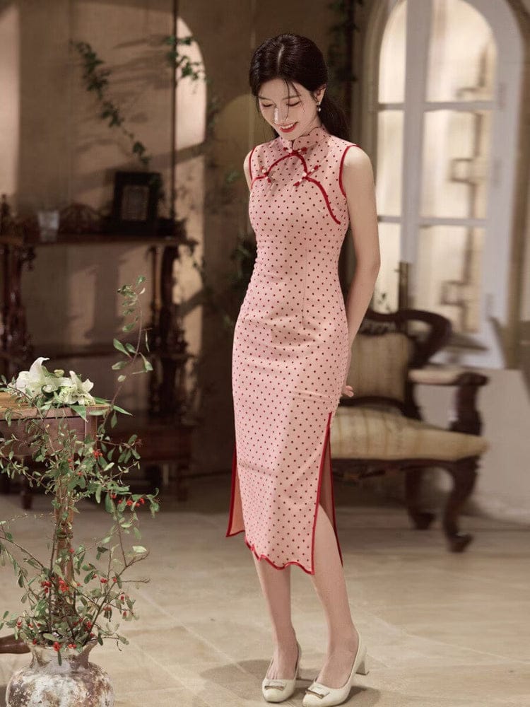 Beth and Brian Qipao-MYJ Polkadot pattern, pink midi Cheongsam