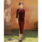 Beth and Brian Qipao-MYJ Plain pattern, velvet red&black midi Cheongsam