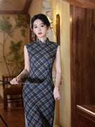 Beth and Brian Qipao-XL Plaid pattern, blue midi Cheongsam