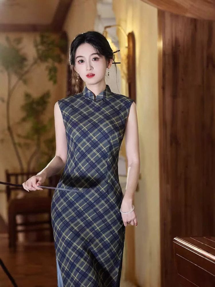 Beth and Brian Qipao-XL Plaid pattern, blue midi Cheongsam