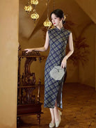 Beth and Brian Qipao-XL Plaid pattern, blue midi Cheongsam