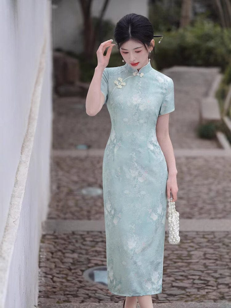 Beth and Brian Qipao-XL Floral pattern, jacquard fabric, blue midi Cheongsam with short sleeves