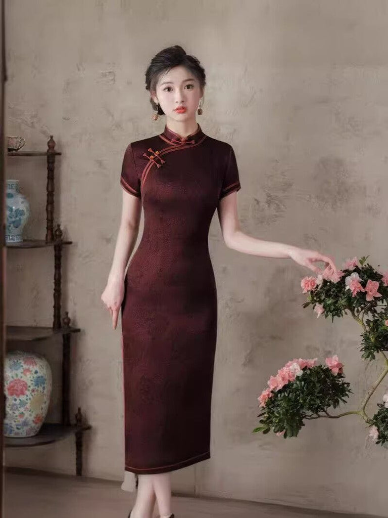 Beth and Brian Qipao-TQX Floral pattern, acetate wedding red midi Cheongsam
