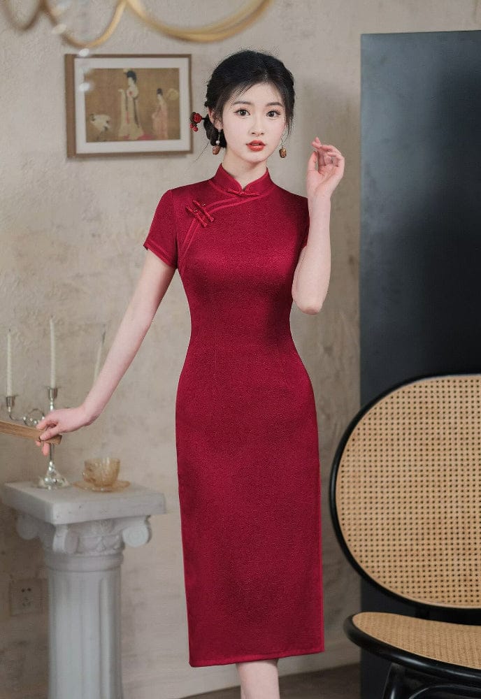 Beth and Brian Qipao-TQX Floral pattern, acetate wedding red midi Cheongsam
