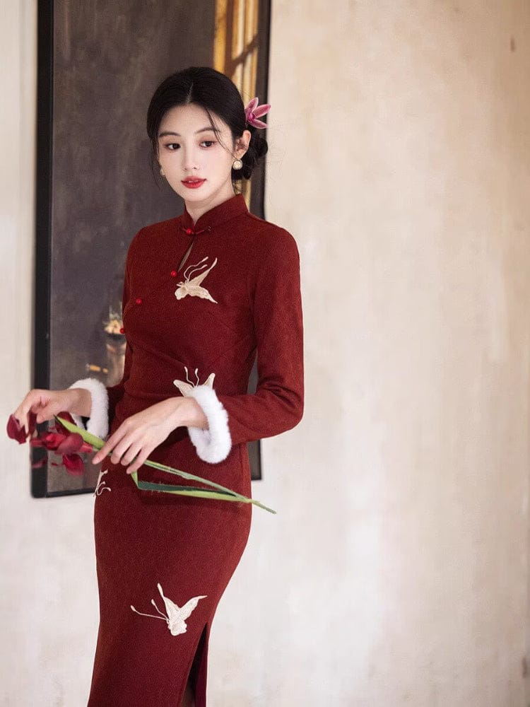 Beth and Brian Qipao-DBN Winter collection, butterfly long Qipao with Fur-Trimmed Sleeves