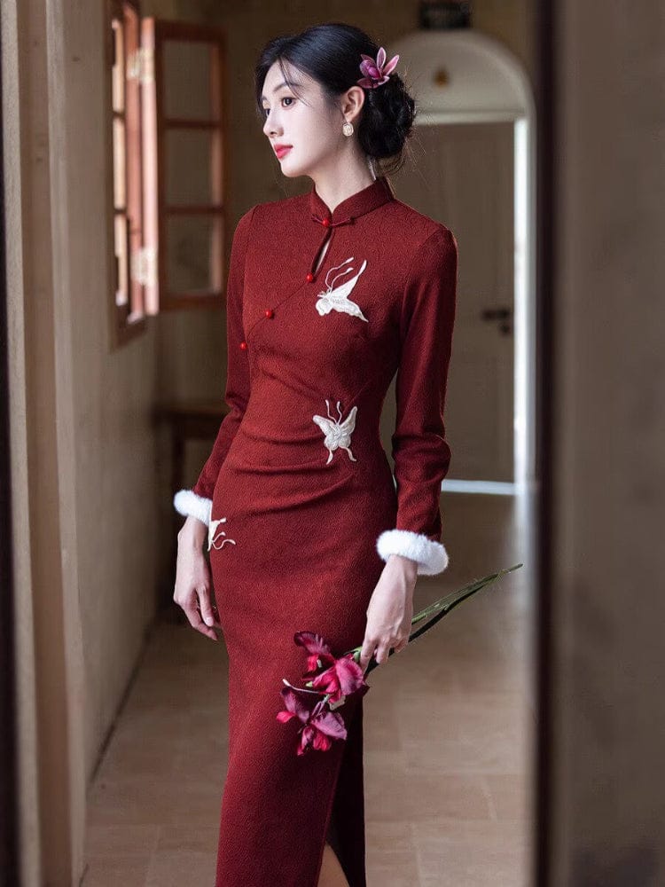 Beth and Brian Qipao-DBN Winter collection, butterfly long Qipao with Fur-Trimmed Sleeves