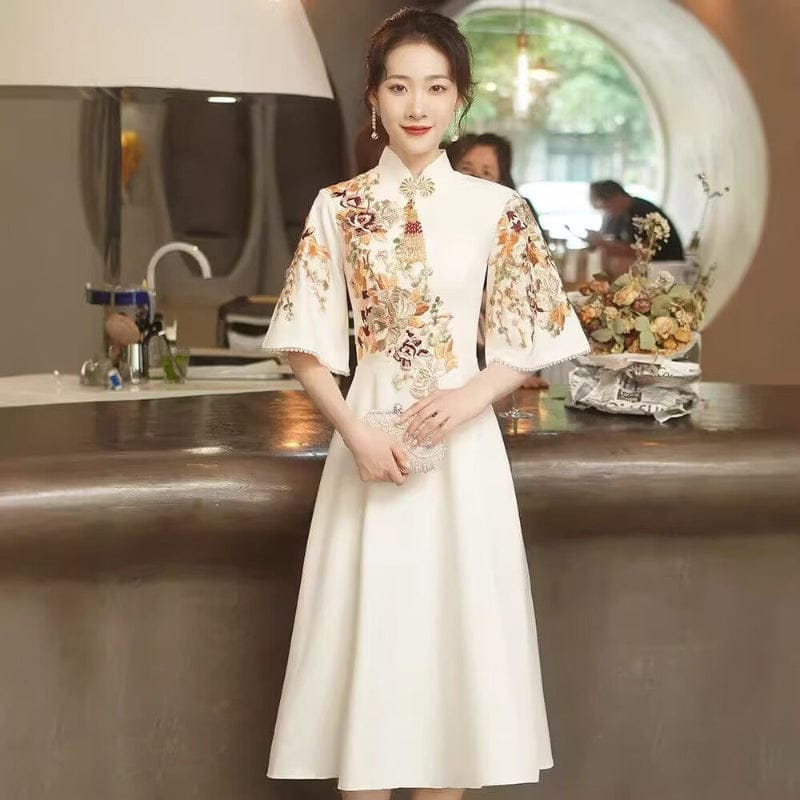Beth and Brian Qipao-MBYD Floral embroidery, wedding midi A line Cheongsam