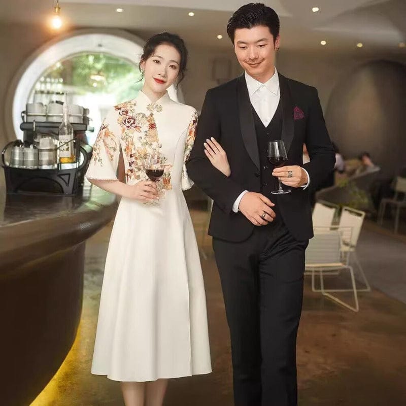 Beth and Brian Qipao-MBYD Floral embroidery, wedding midi A line Cheongsam
