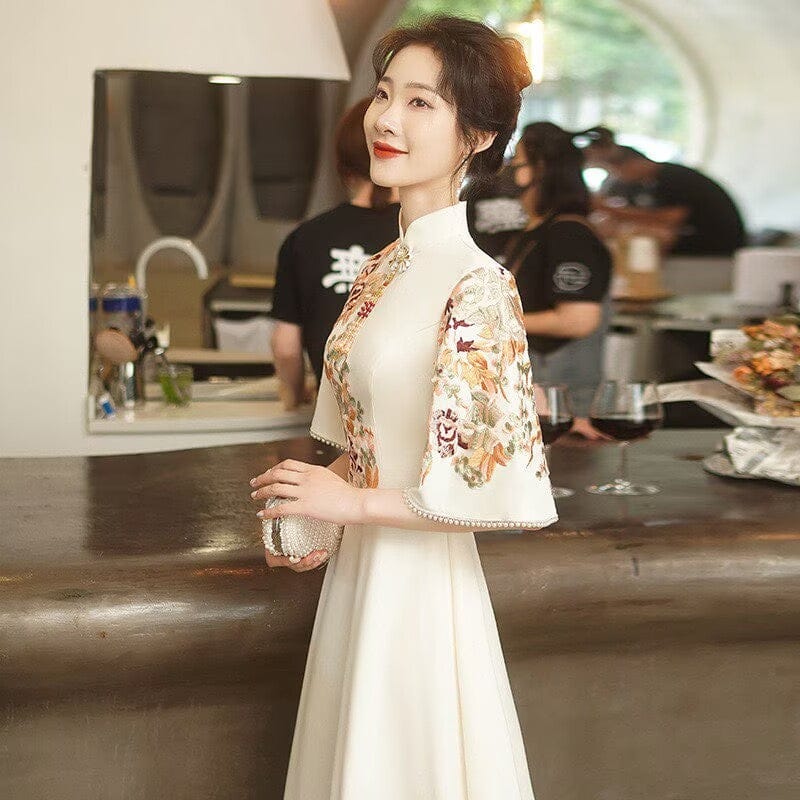 Beth and Brian Qipao-MBYD Floral embroidery, wedding midi A line Cheongsam